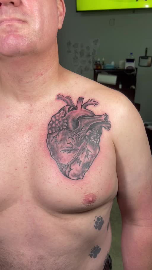 Detailed anatomical heart chest tattoo